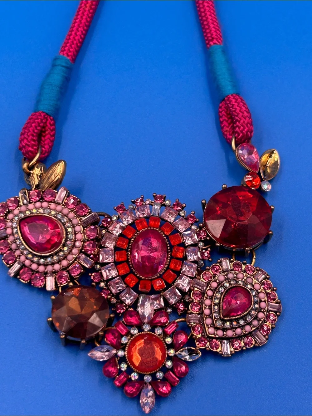 Statement Rhinestone Bib Necklace Pink Red Boho Glam Betsey Style Sparkle”